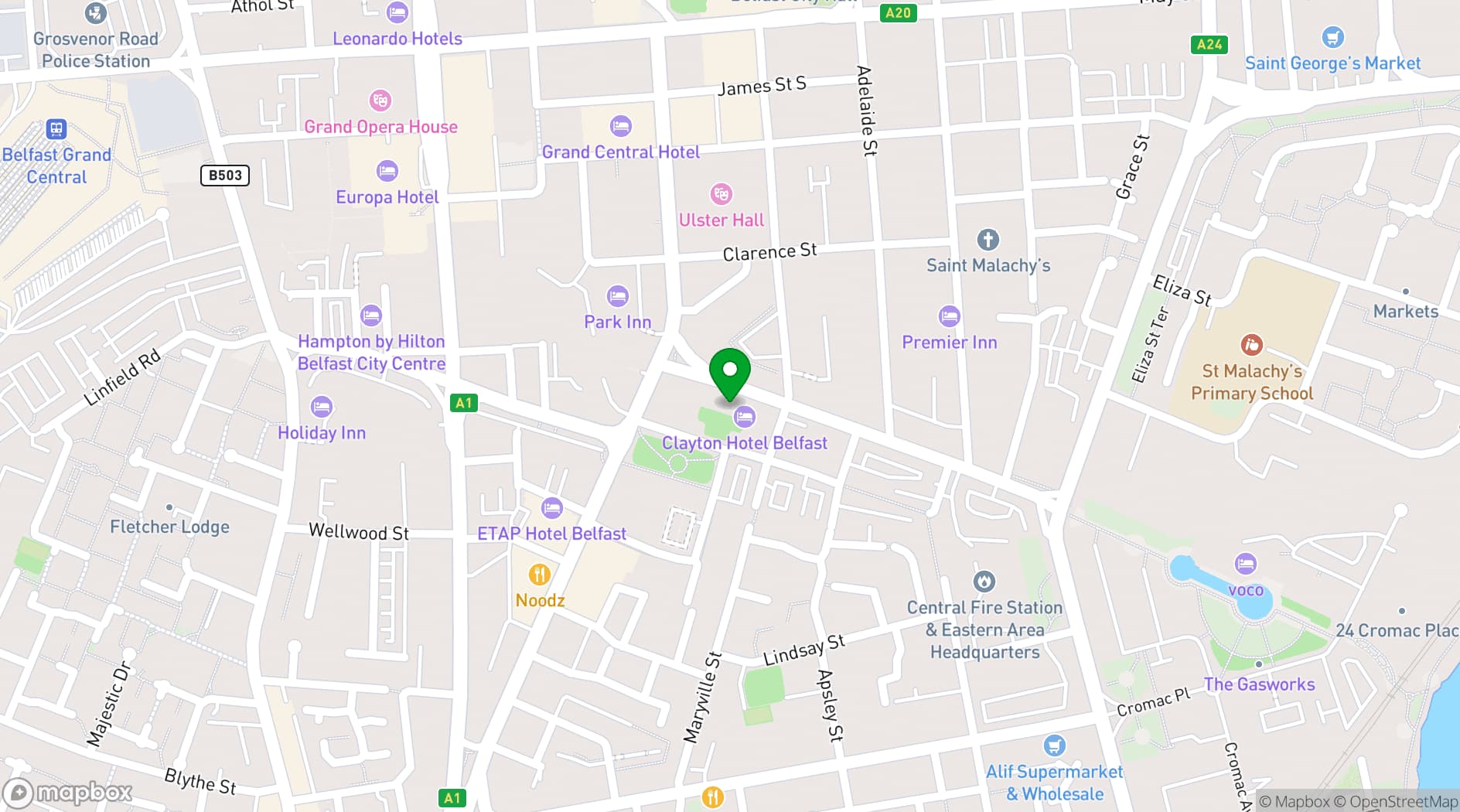 Map showing Clayton Hotel Belfast