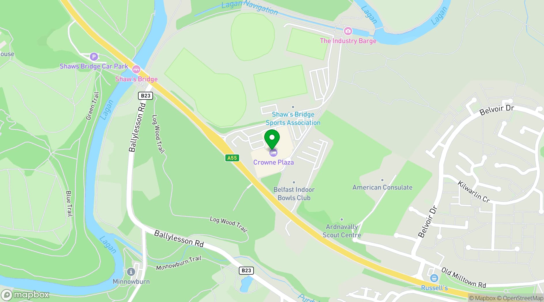 Map showing Crowne Plaza Belfast