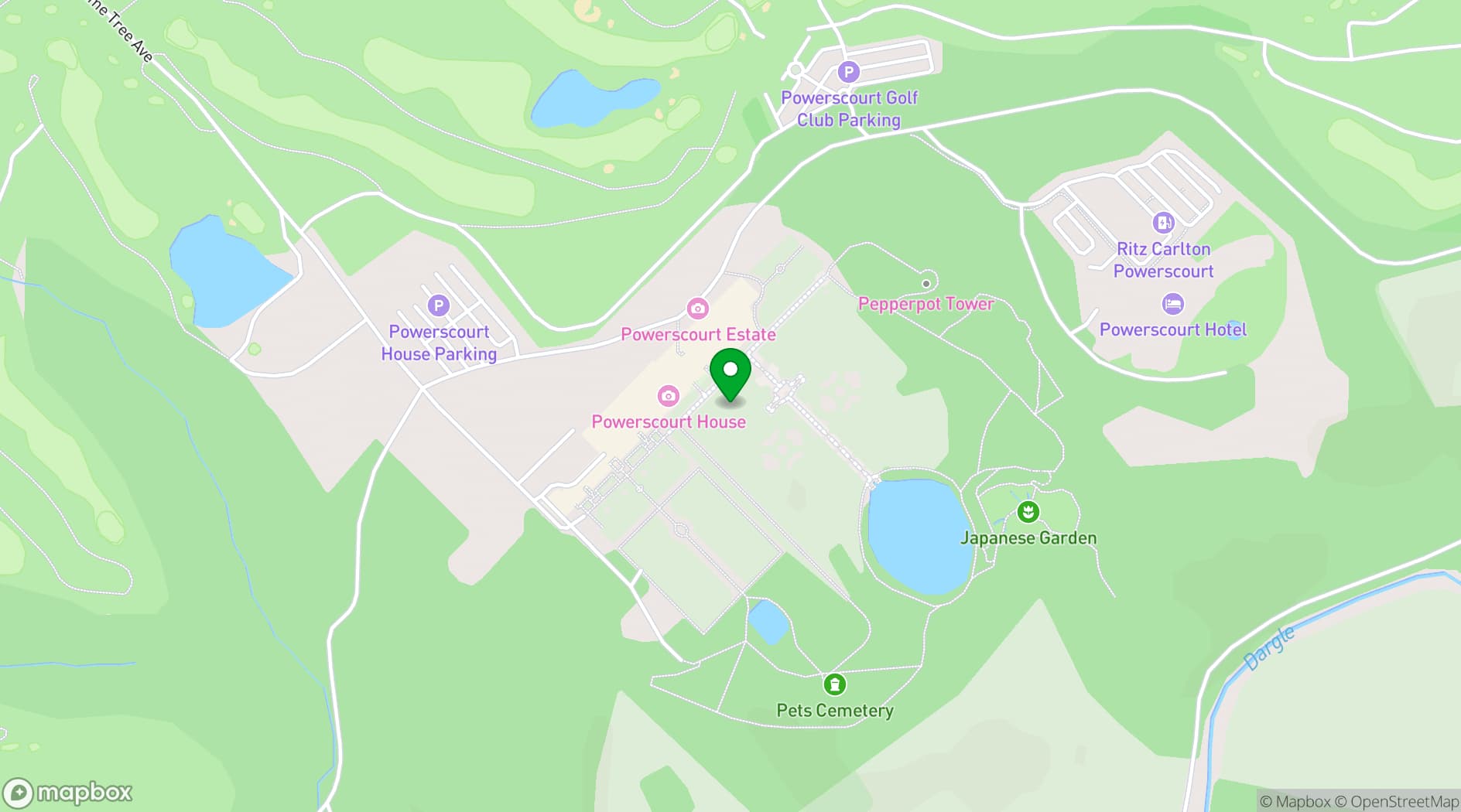 Map showing Powerscourt Estate, House & Gardens