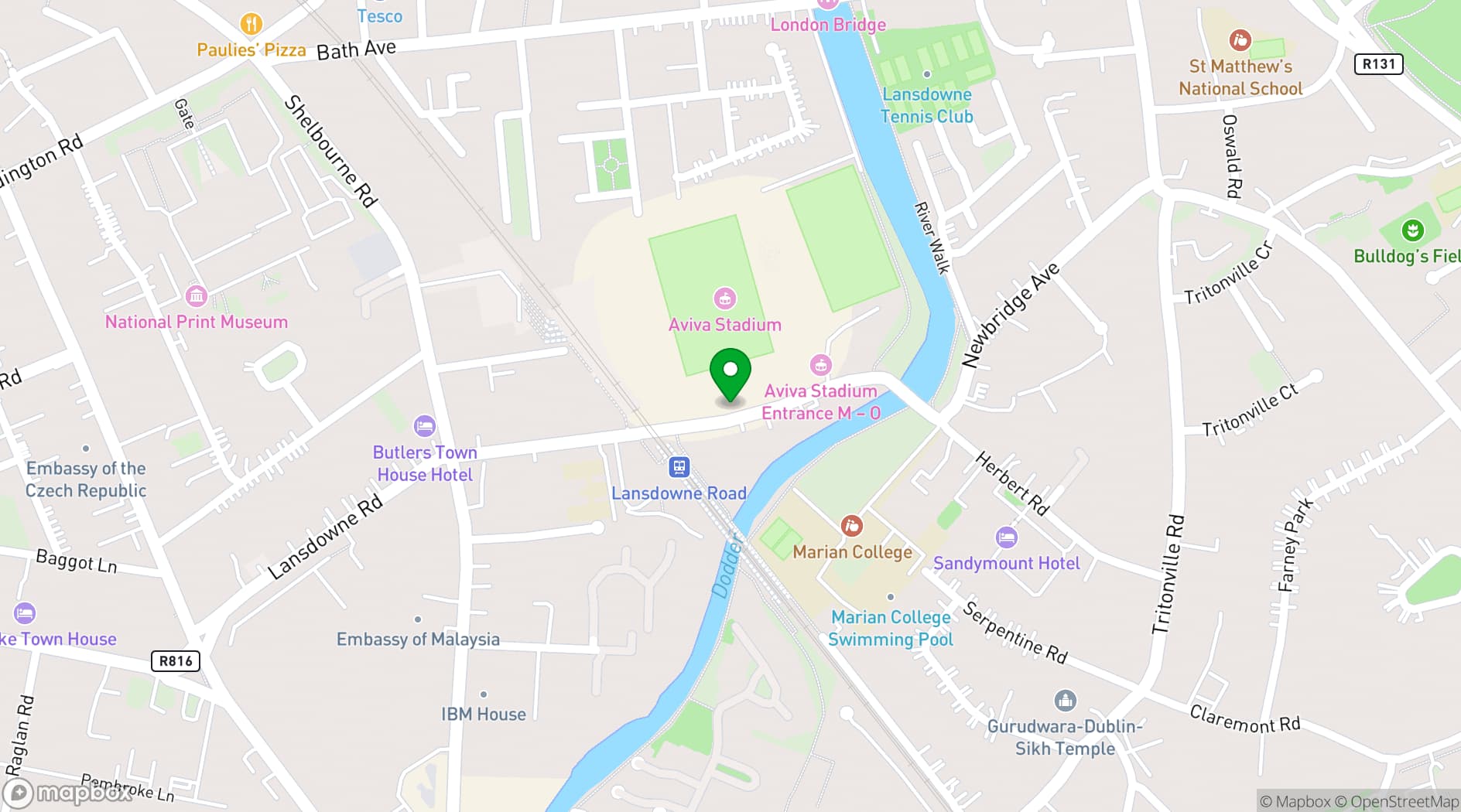Map showing Aviva Stadium 
