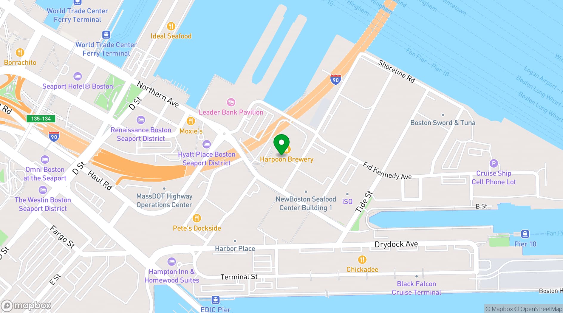Map showing Harpoon Brewery Beer Hall