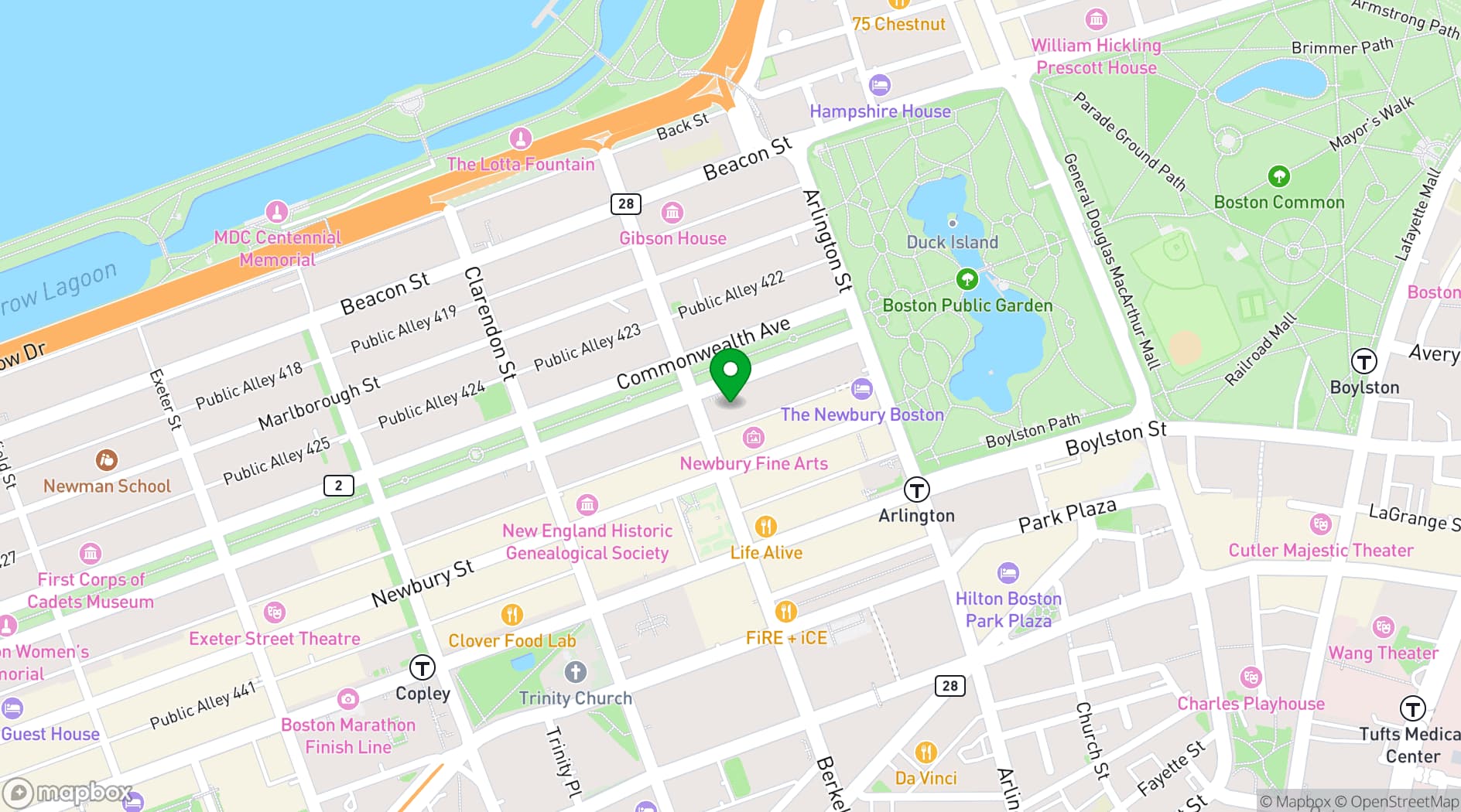 Map showing The College Club of Boston