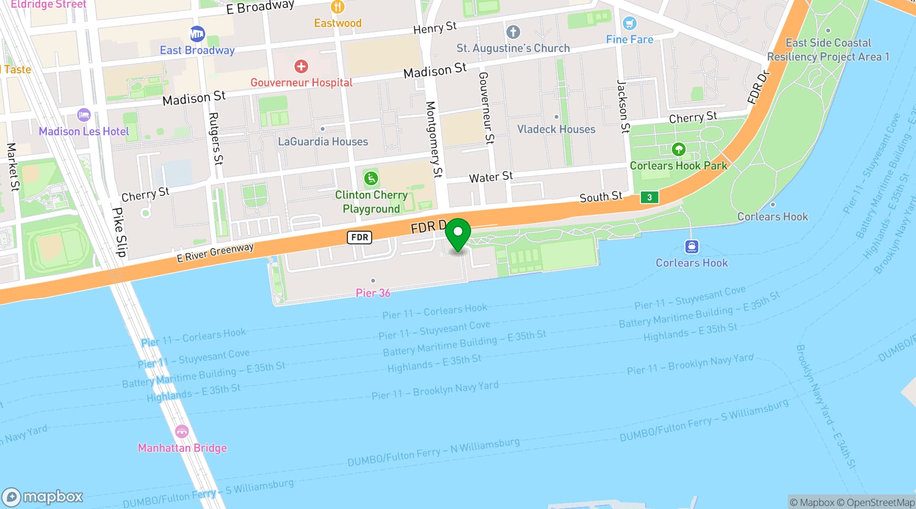 Map showing Pier 36 NYC