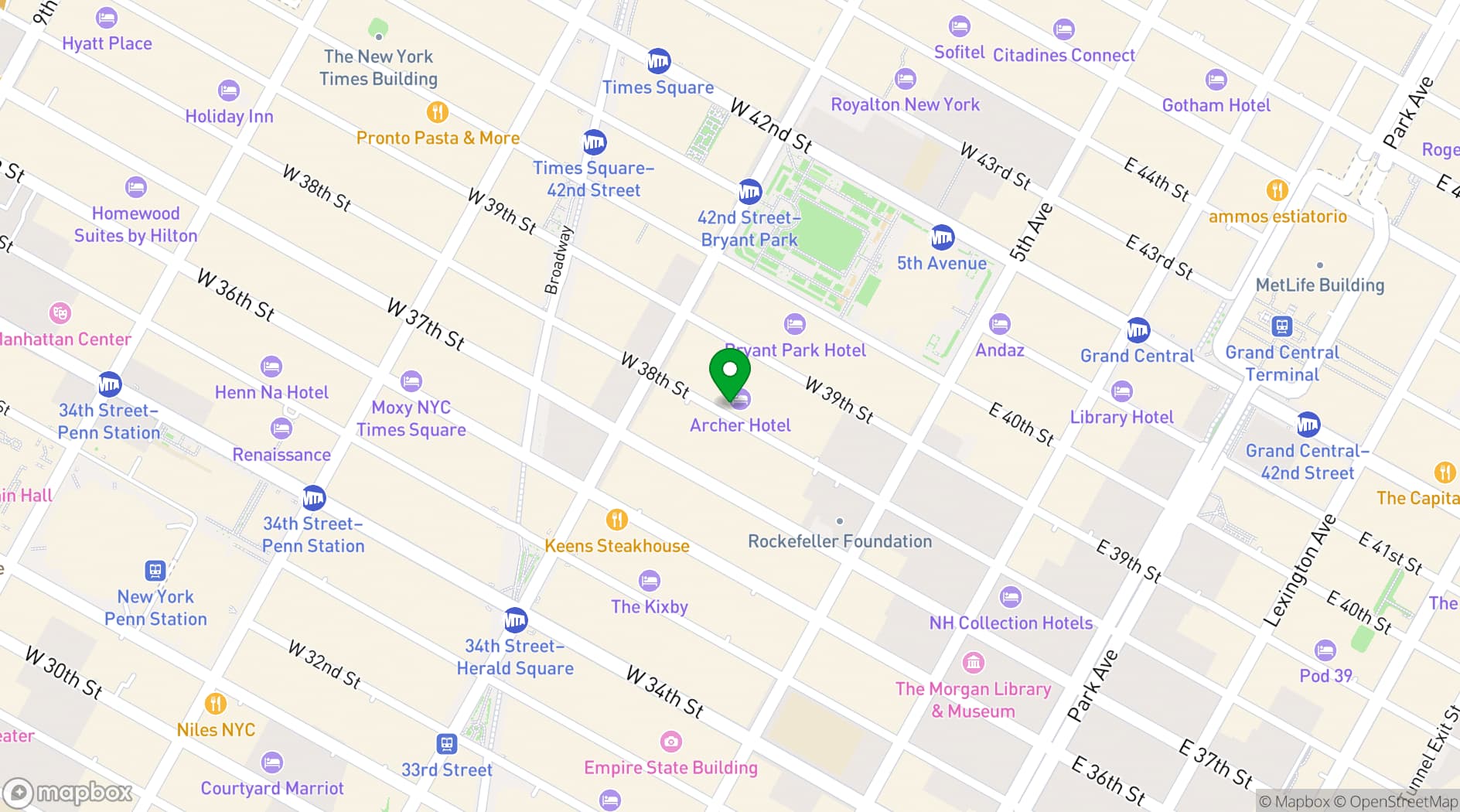 Map showing Spyglass Rooftop Bar at Archer Hotel New York