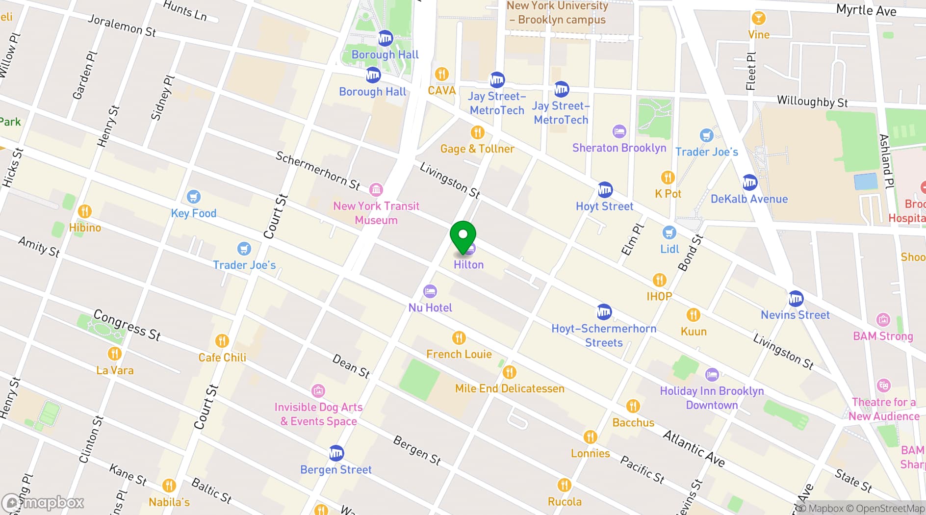 Map showing Hilton Brooklyn New York