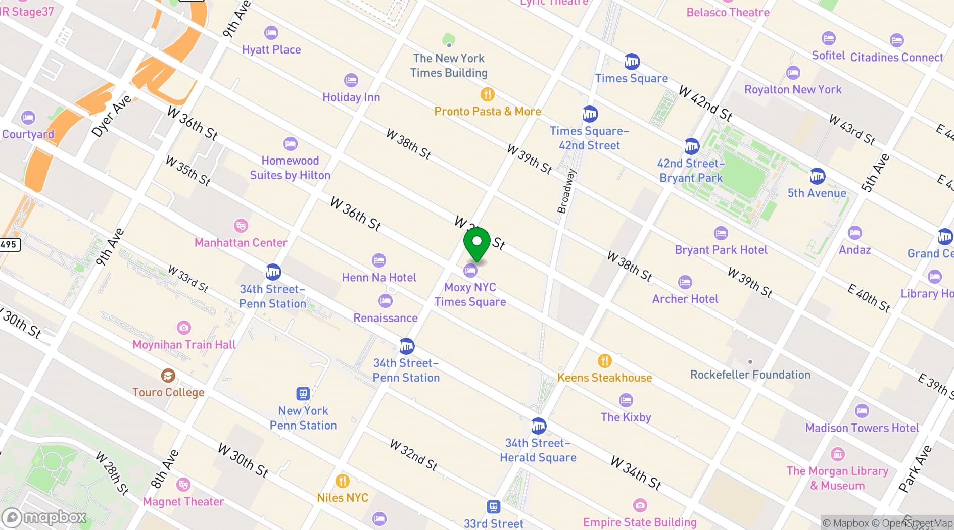 Map showing Moxy Times Square