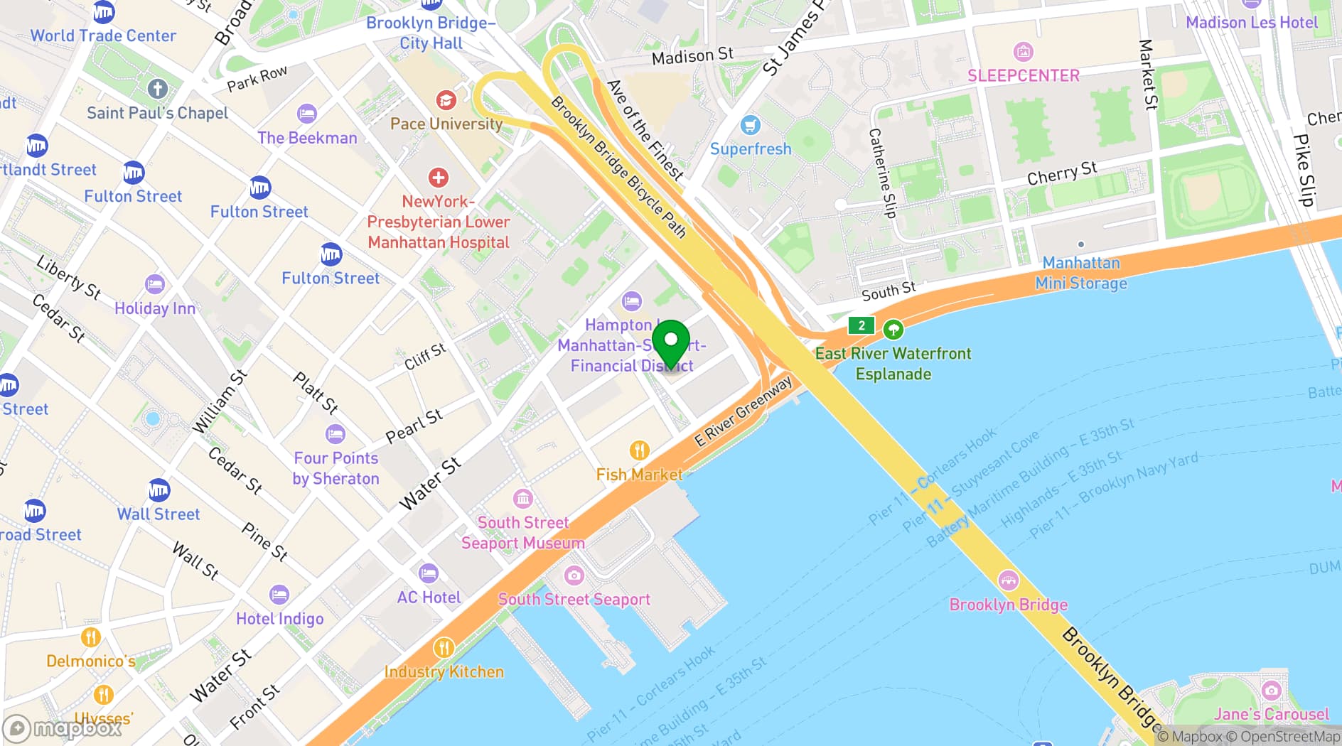Map showing 33 Hotel NYC Seaport