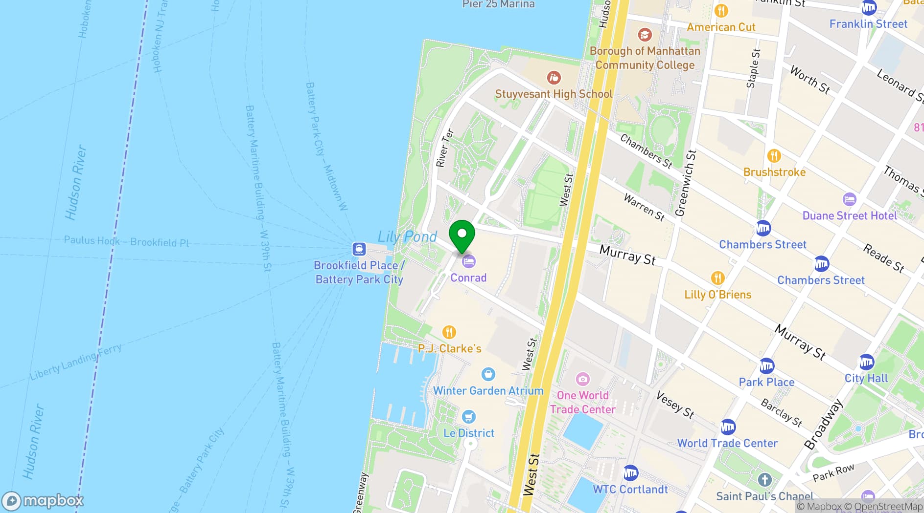 Map showing Conrad New York Downtown