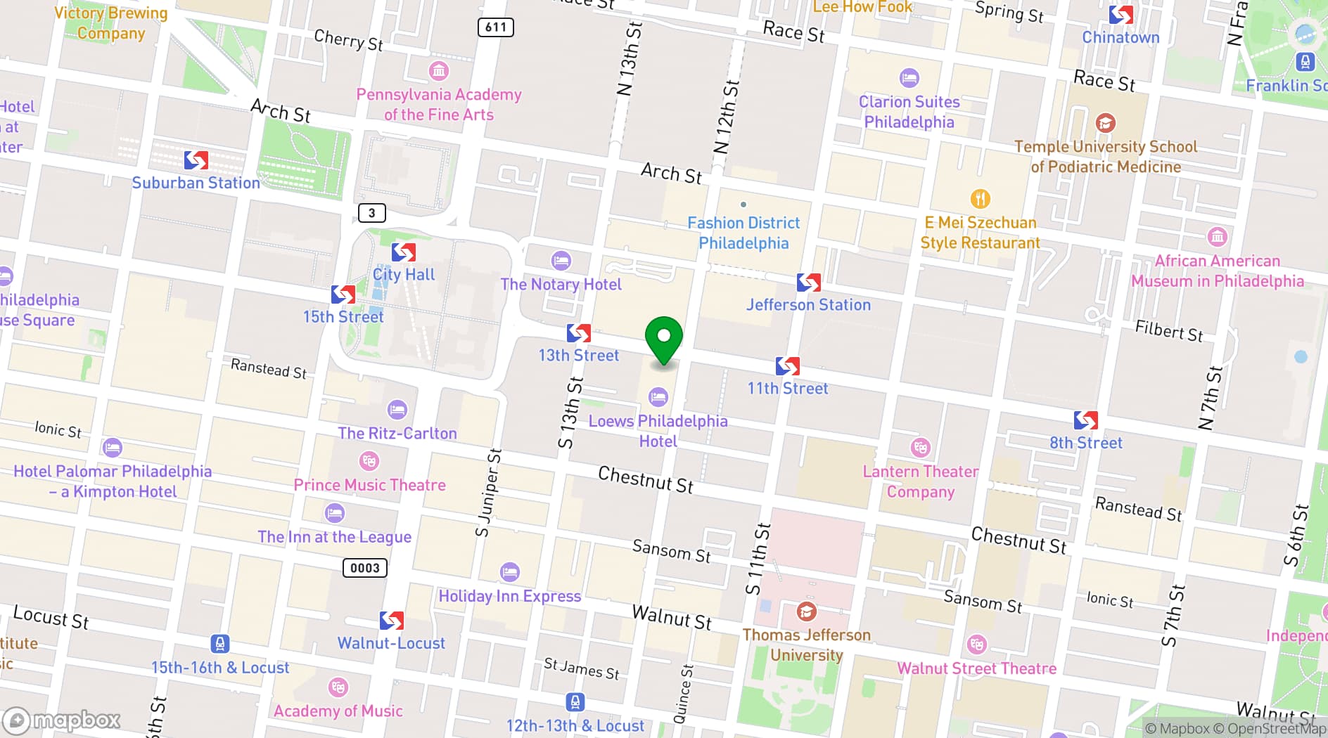 Map showing Loews Philadelphia Hotel