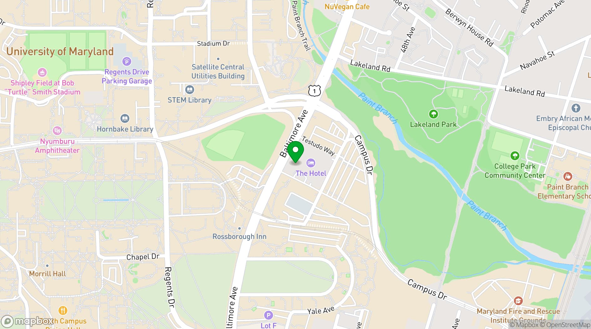 Map showing The Hotel at the University of Maryland