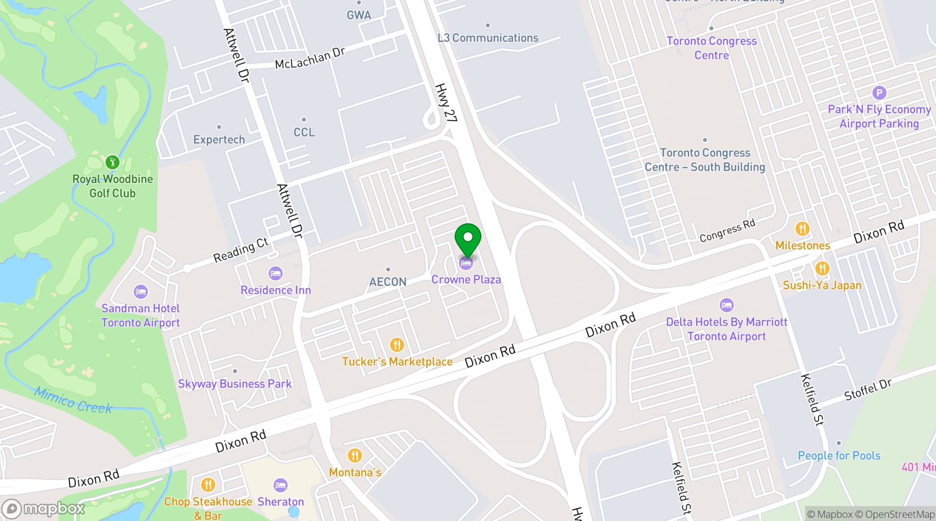Map showing Crowne Plaza Toronto Airport