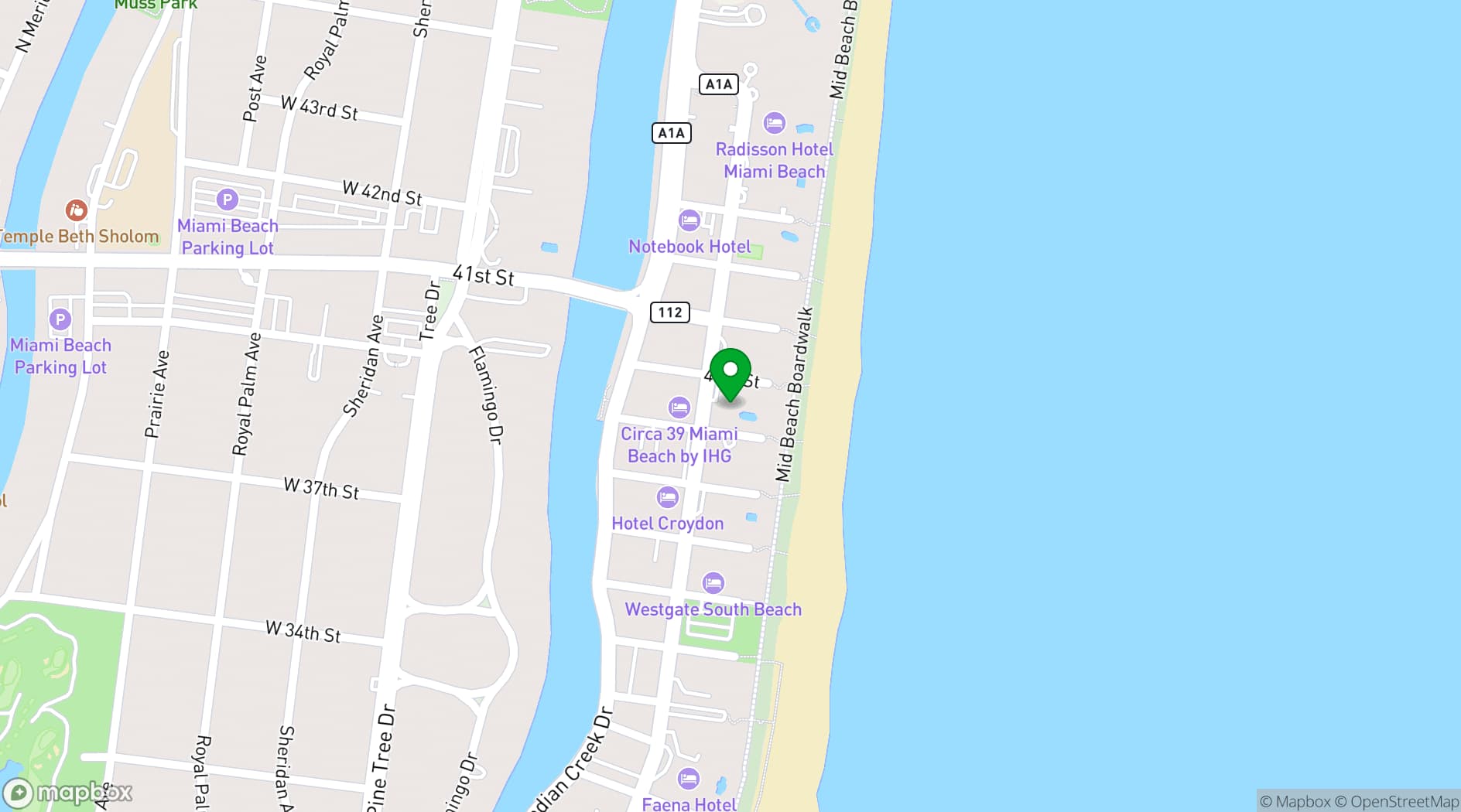 Map showing Cadillac Hotel & Beach Club