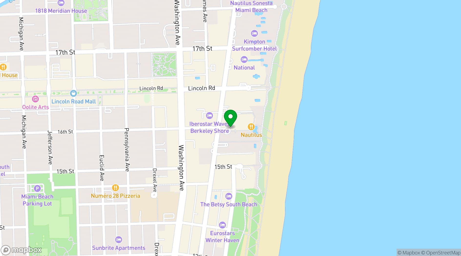 Map showing Loews Miami Beach Hotel