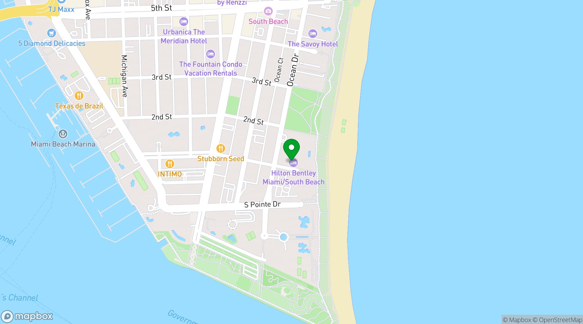 Map showing Hilton Bentley Miami/South Beach