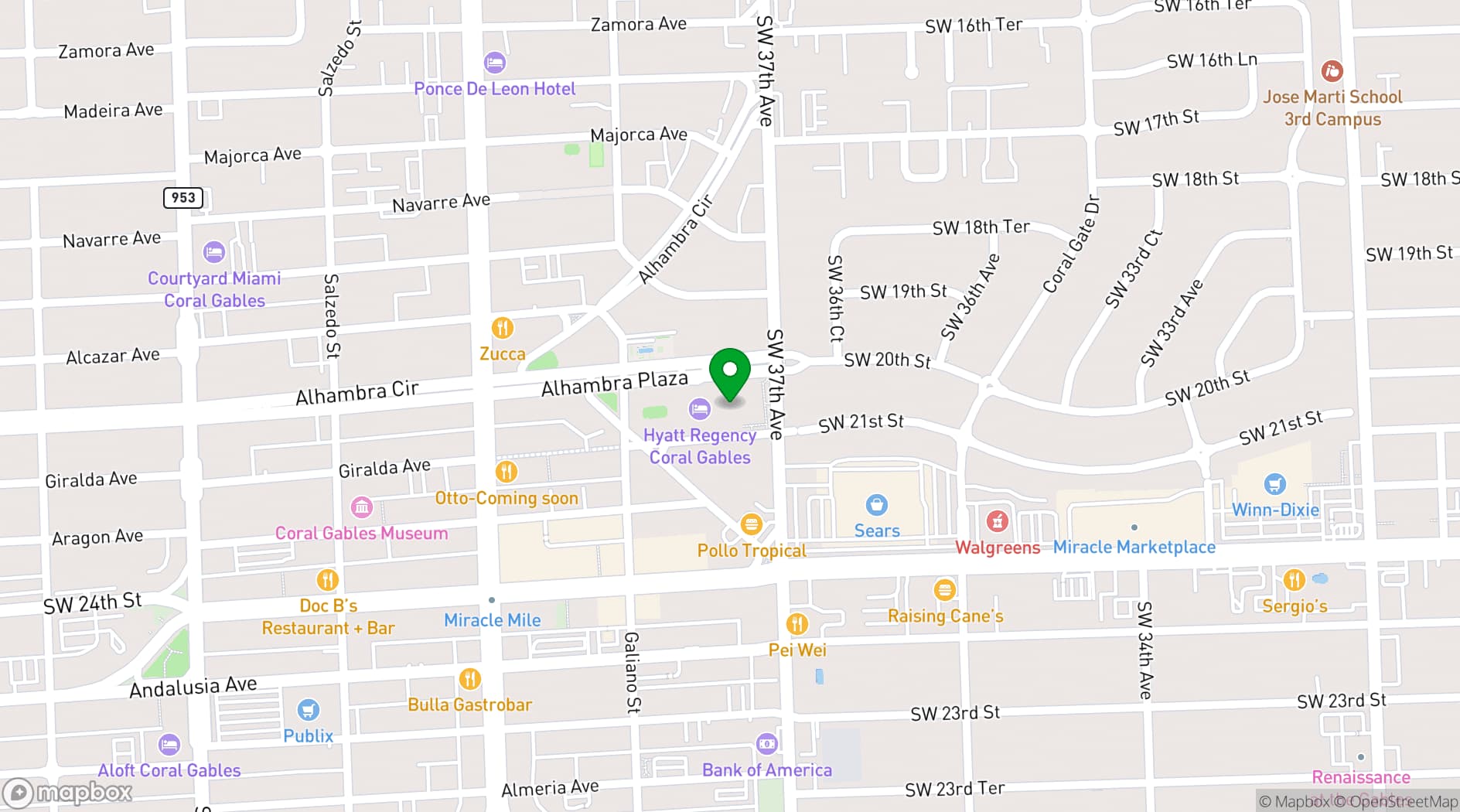 Map showing Hyatt Regency Coral Gables