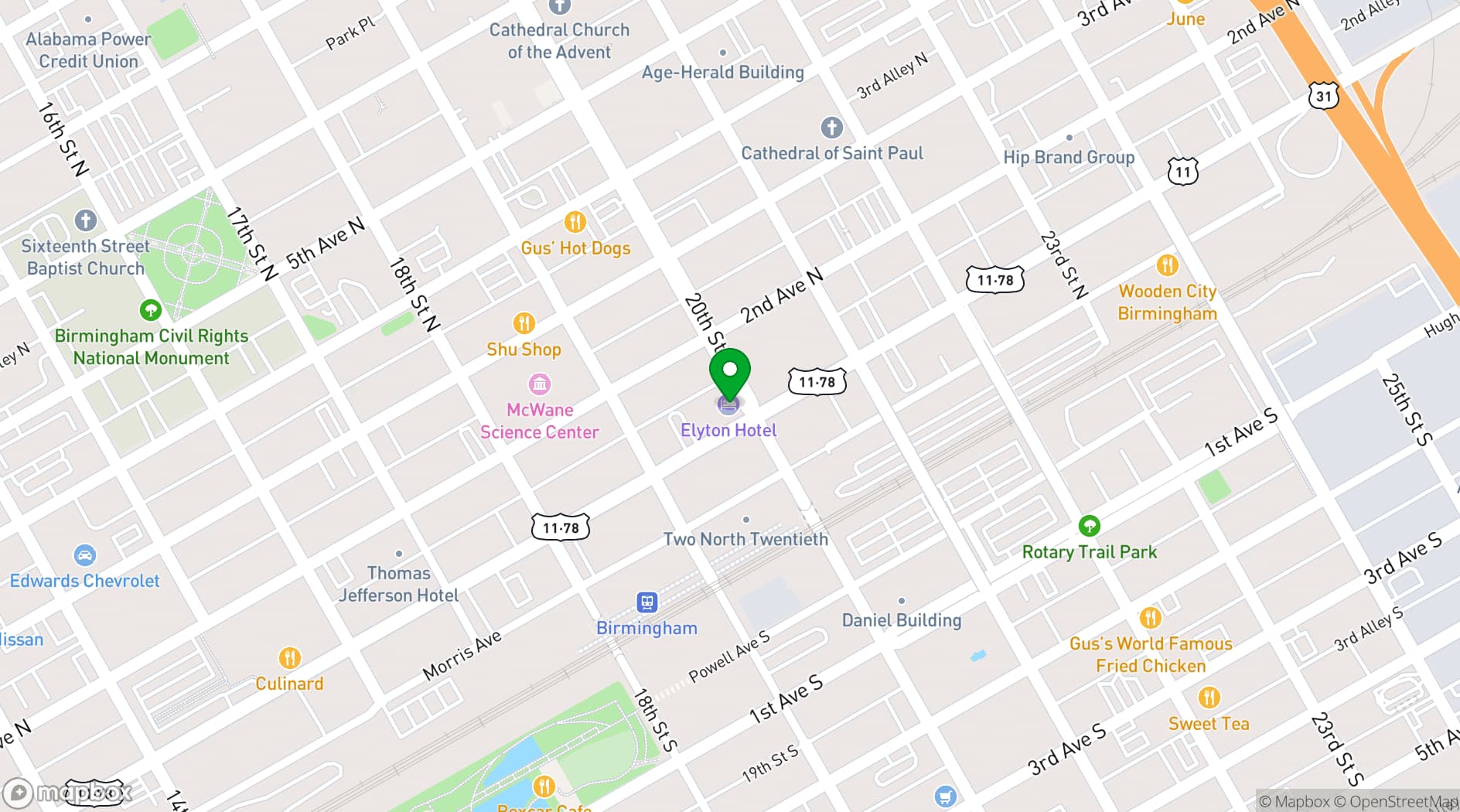 Map showing Elyton Hotel, Autograph Collection