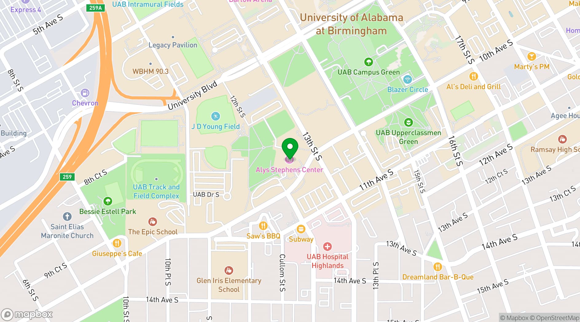 Map showing Alys Stephens Performing Arts Center