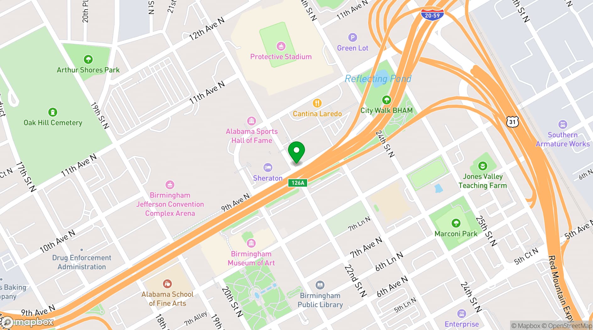Map showing Birmingham Convention Center Sheraton