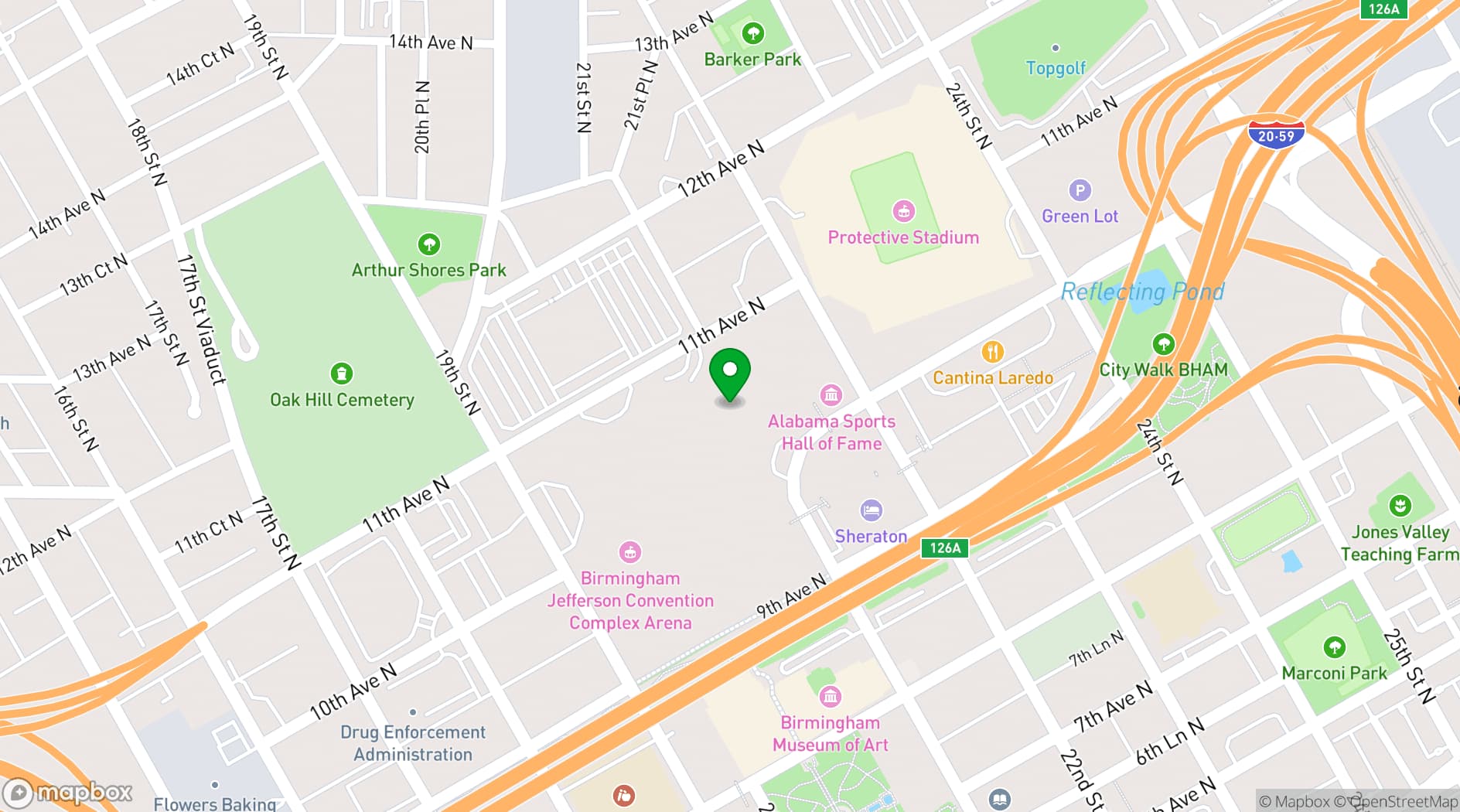 Map showing Birmingham-Jefferson Convention Complex (BJCC)
