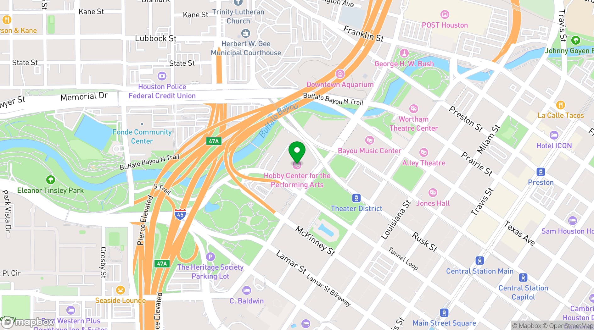Map showing The Hobby Center for the Performing Arts