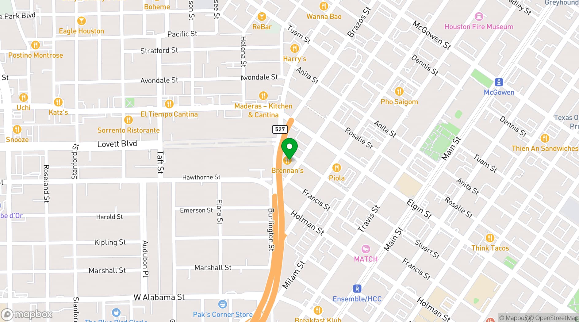 Map showing Brennan's of Houston