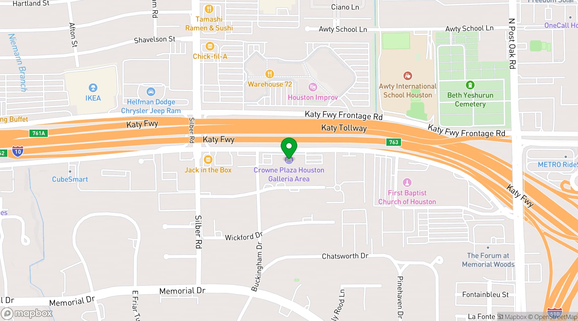 Map showing Crowne Plaza Houston TX