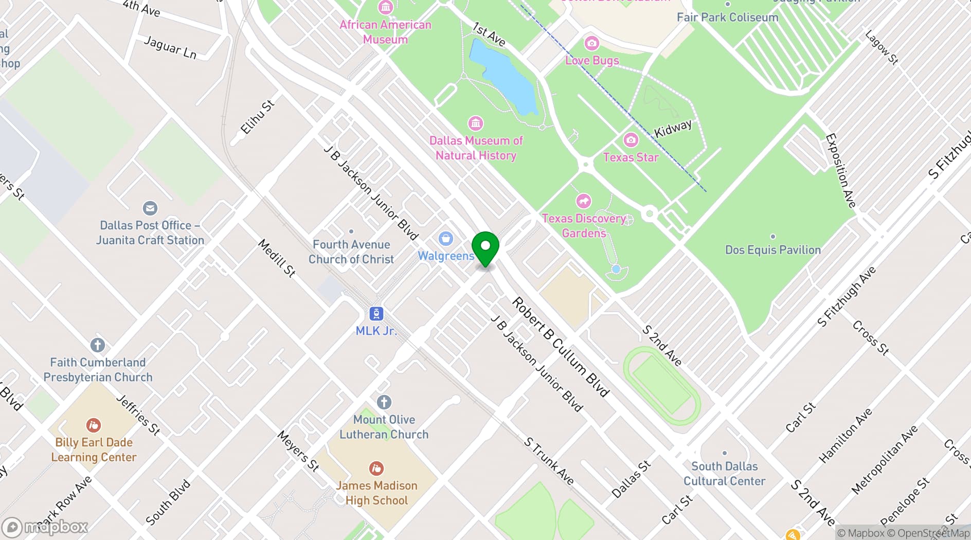 Map showing Texas Discovery Gardens