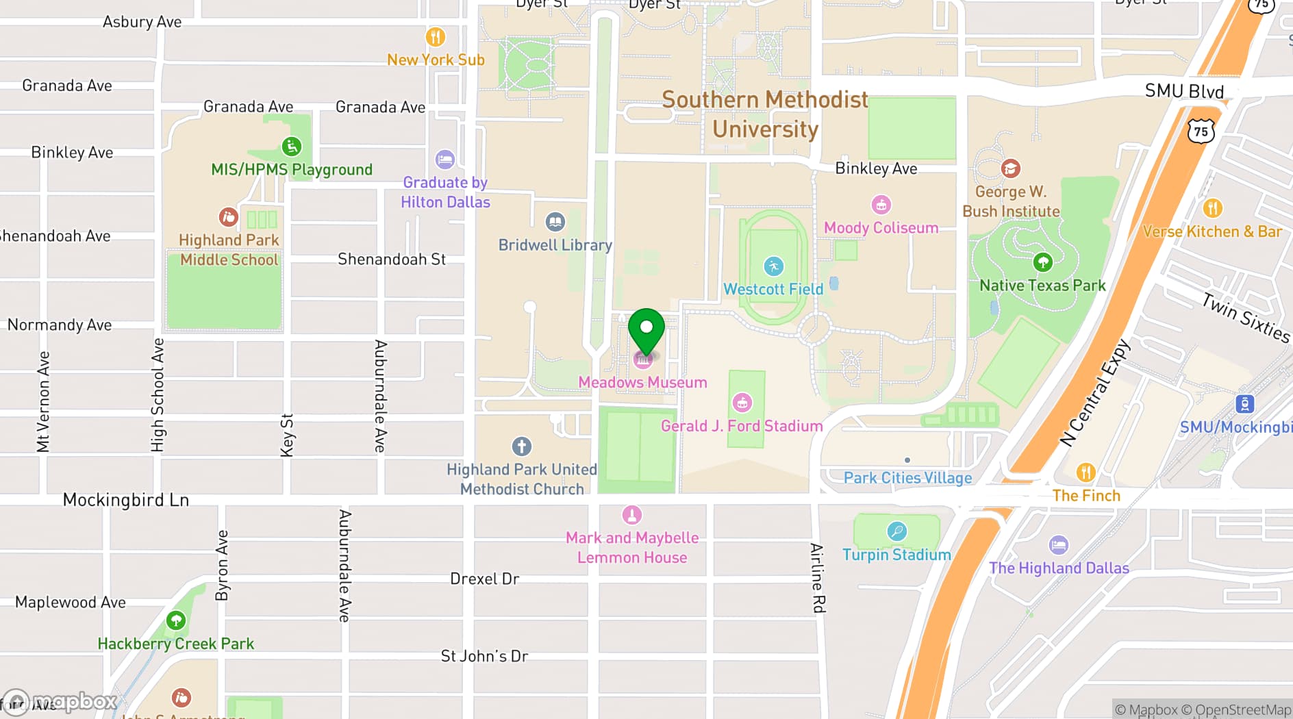 Map showing Meadows Museum, SMU Dallas
