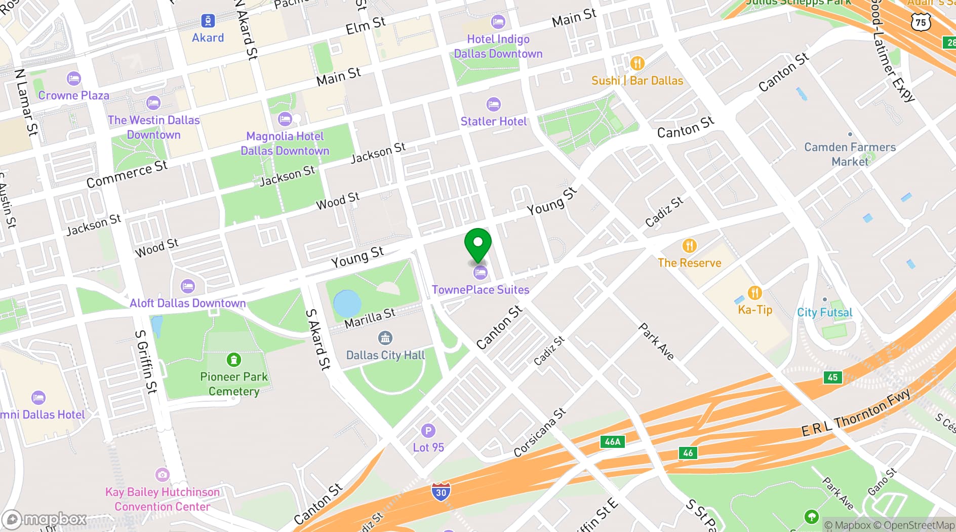 Map showing TownePlace Suites Dallas Downtown