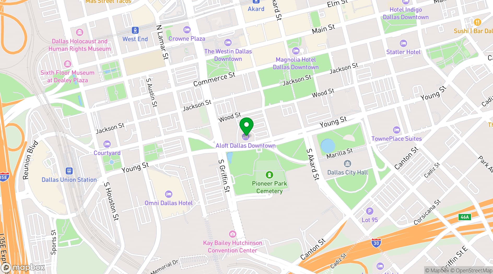 Map showing Aloft Dallas Downtown