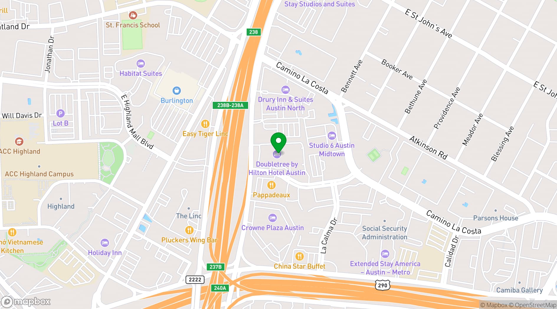Map showing DoubleTree by Hilton Hotel Austin