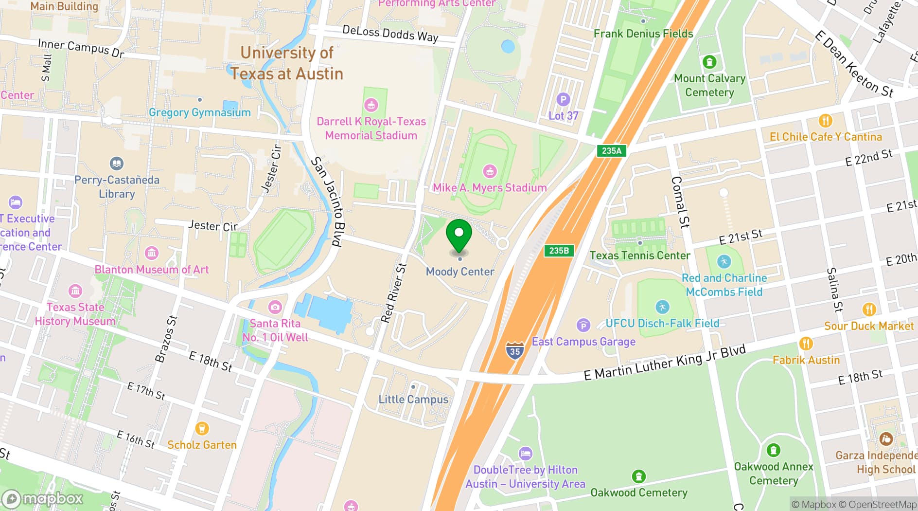 Map showing Moody Center
