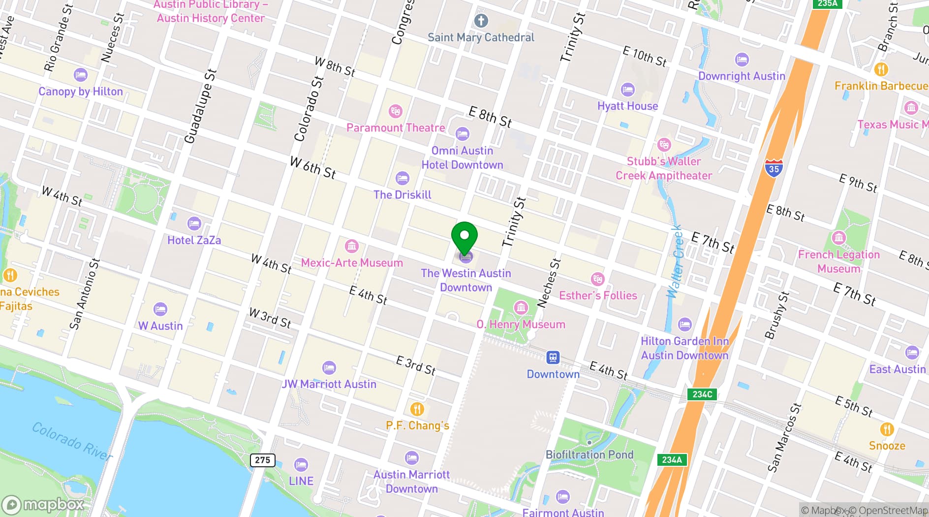Map showing Austin Marriott Downtown
