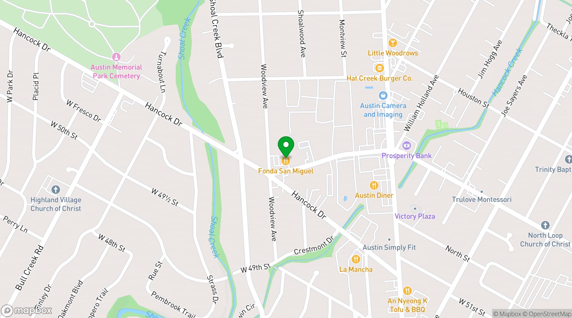 Map showing Fonda San Miguel