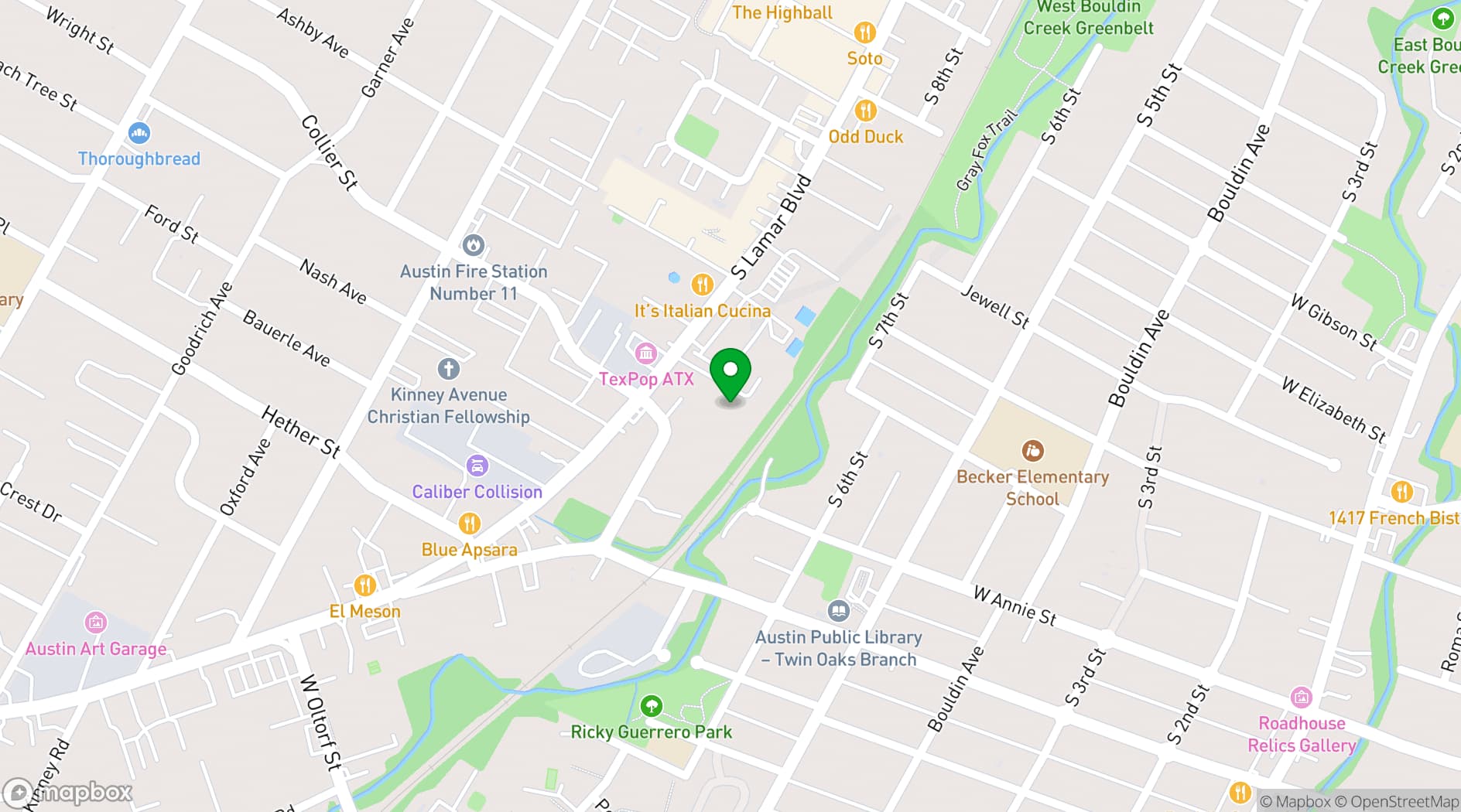 Map showing Fifteen15 South Lamar Apartments