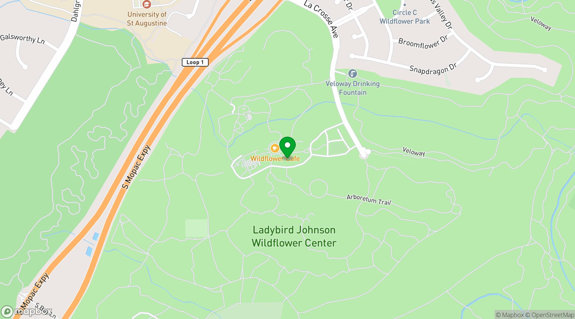 Map showing Lady Bird Johnson Wildflower Center