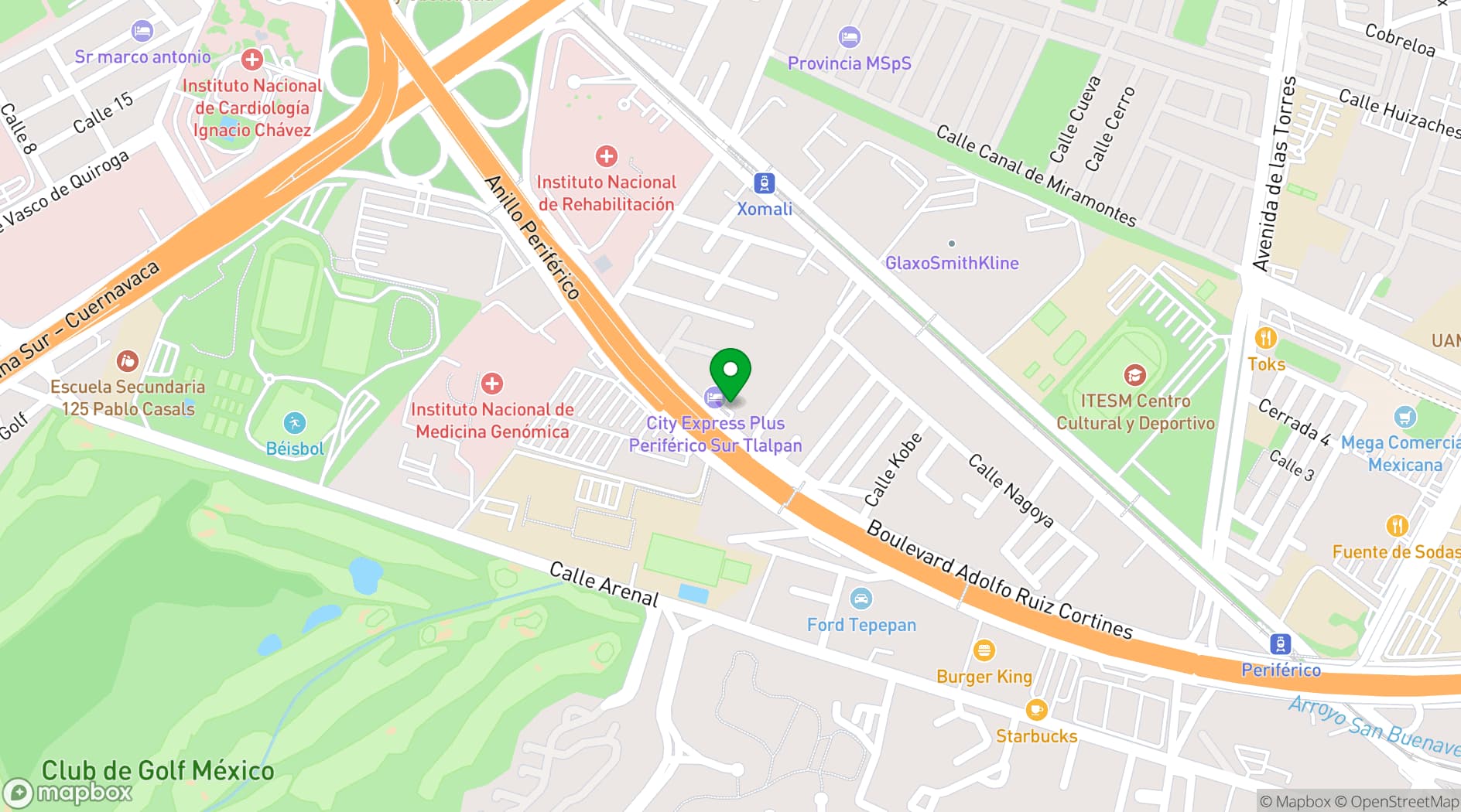 Map showing City Express Plus by Marriott Ciudad de México Periférico Sur Tlalpan