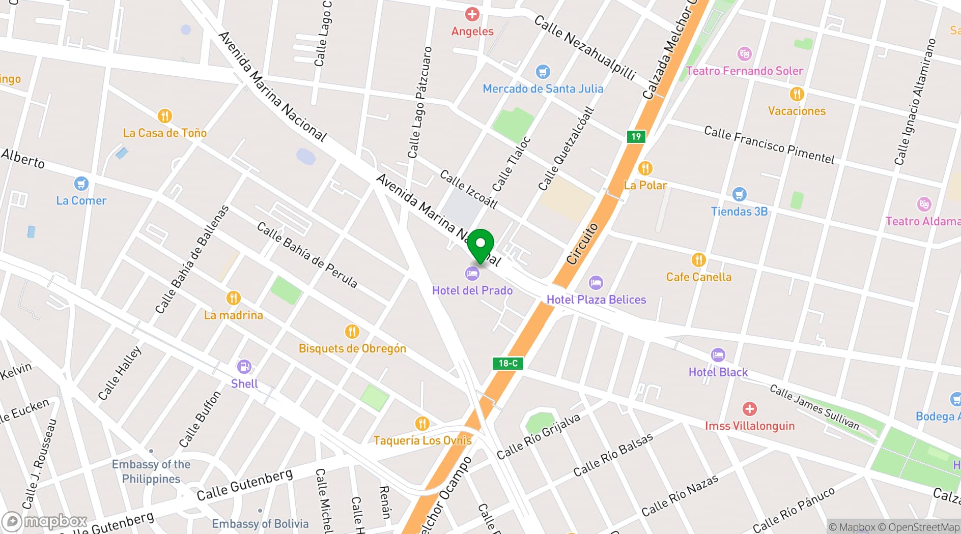 Map showing Hotel del Prado