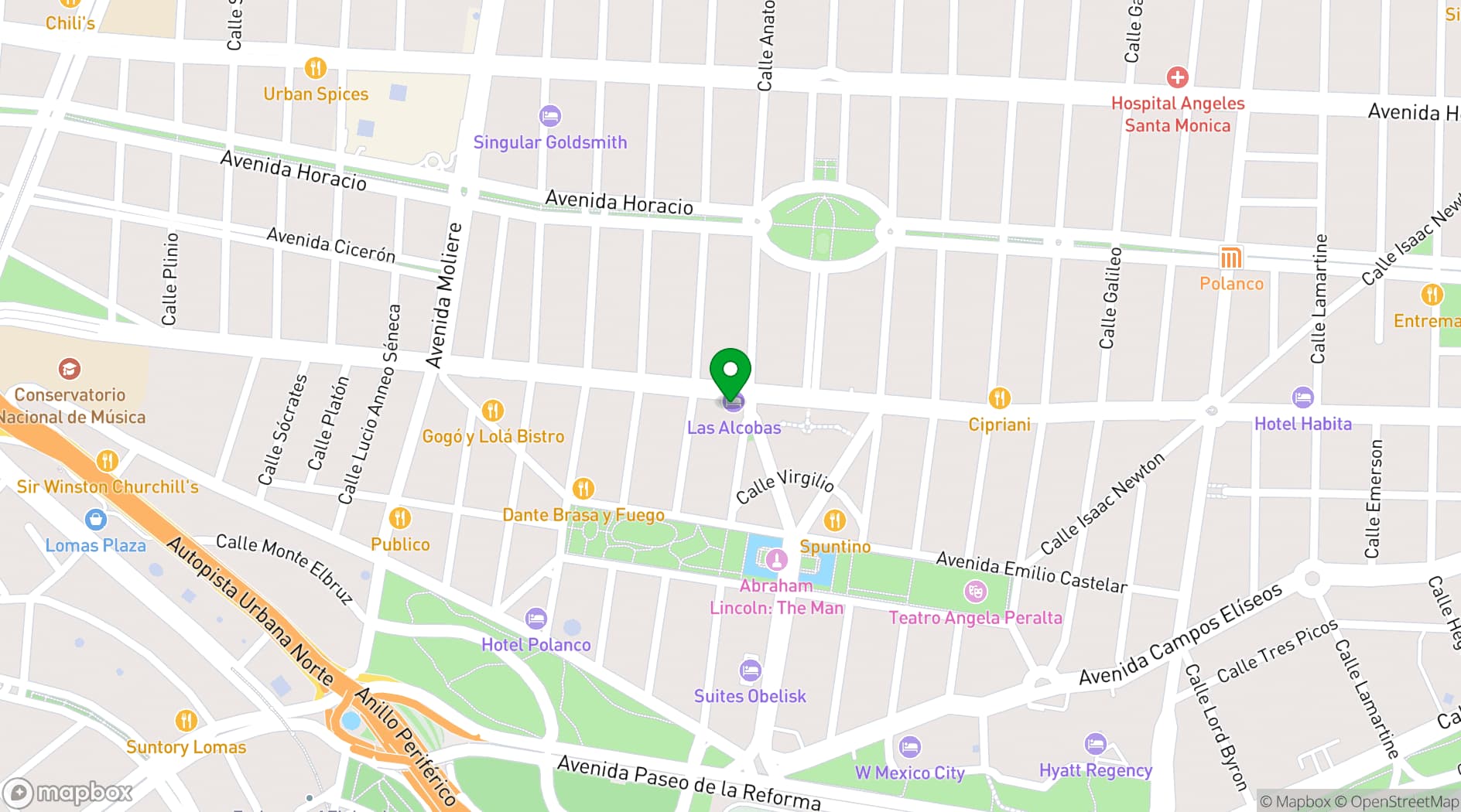 Map showing Las Alcobas, a Luxury Collection Hotel, Mexico City
