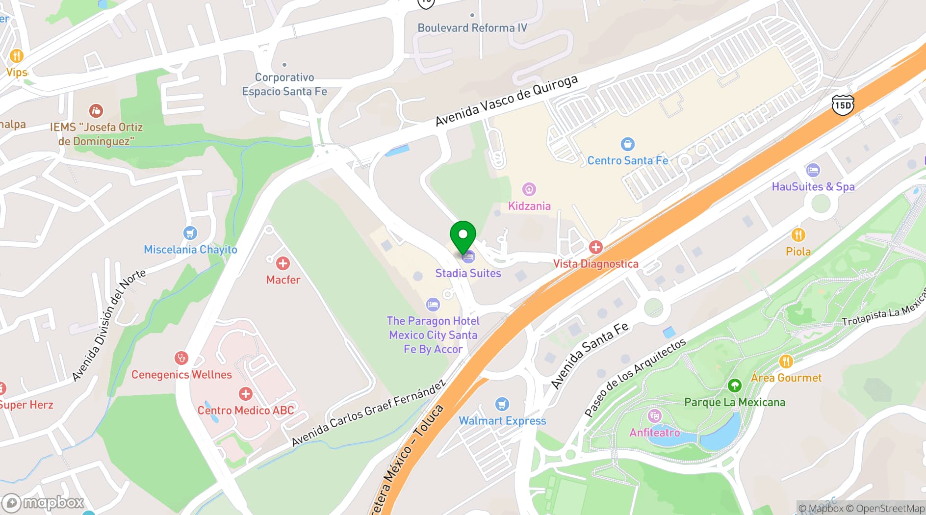 Map showing Hotel Stadia Suites Mexico City Santa Fe