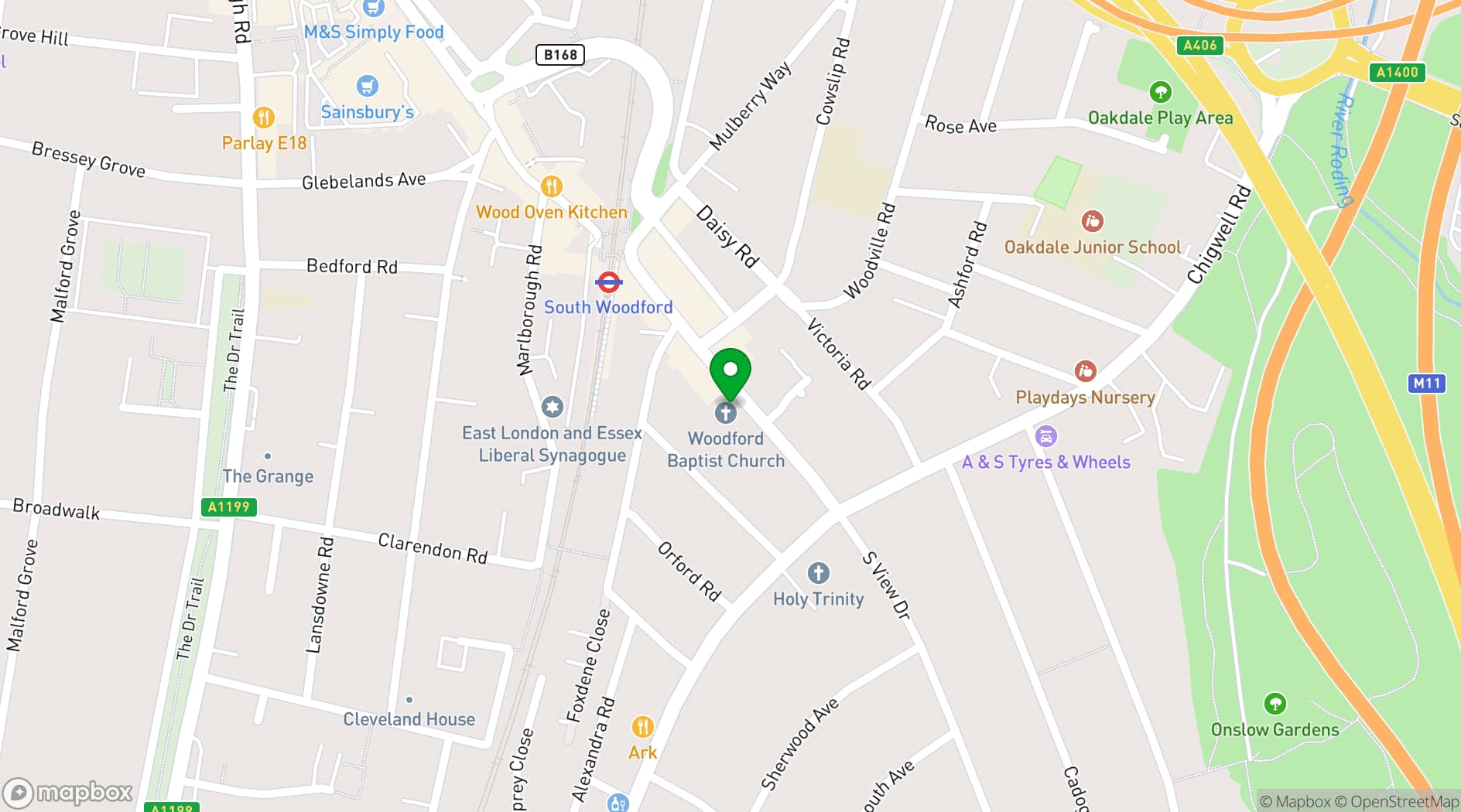 Map showing Woodford Baptist Church