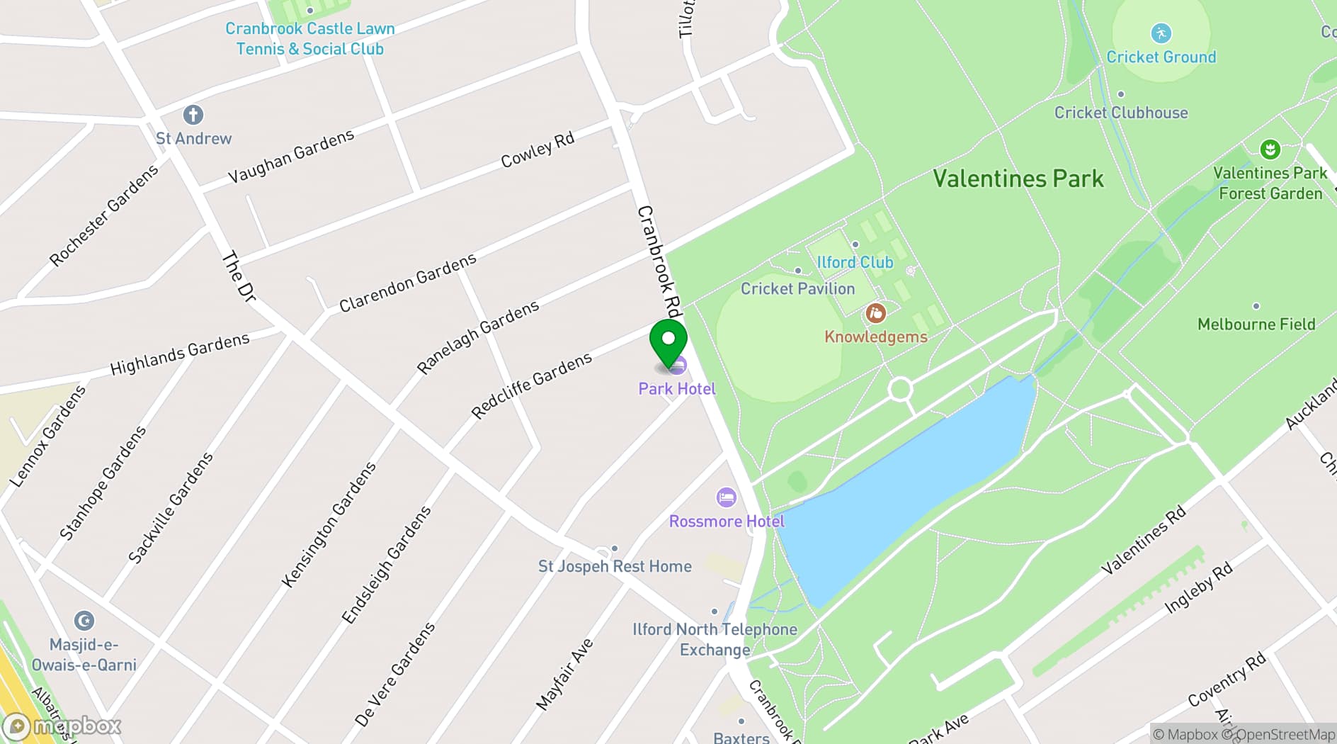 Map showing Park Hotel Ilford