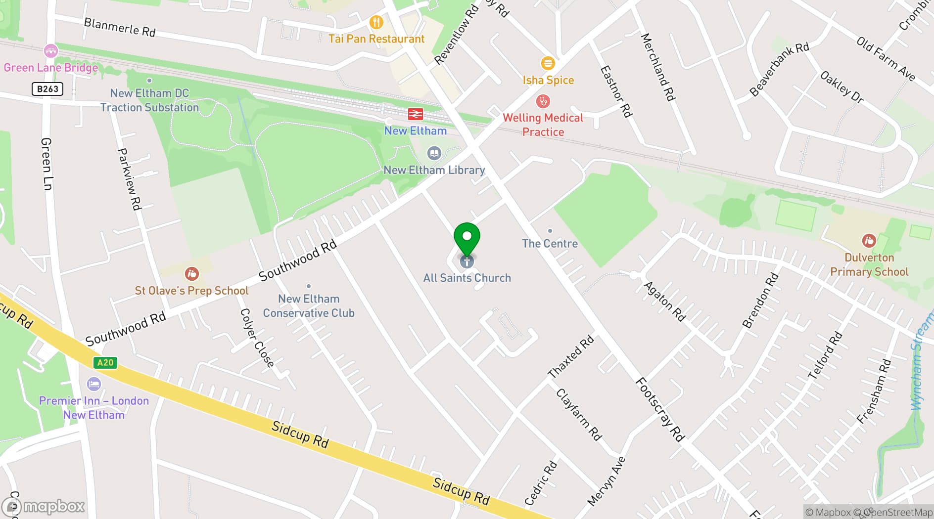 Map showing All Saints Church New Eltham