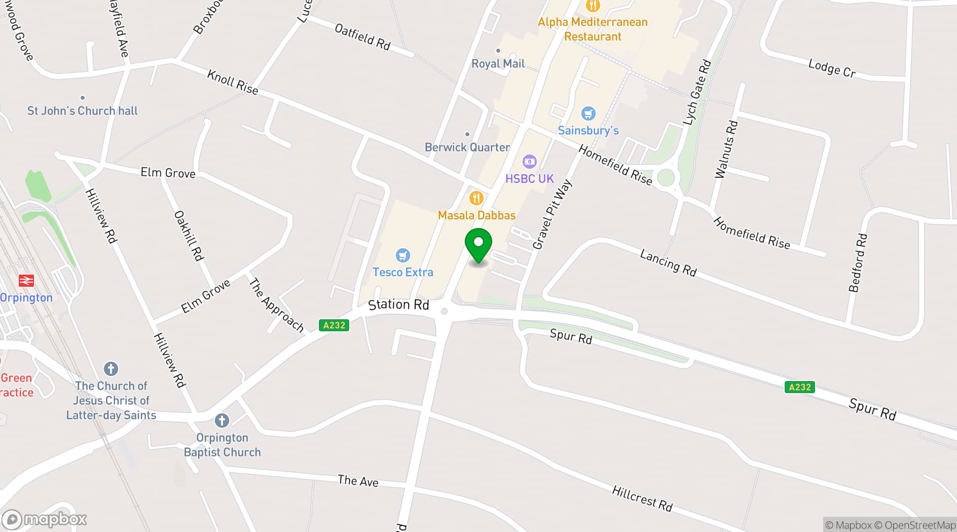 Map showing Orpington Village Hall