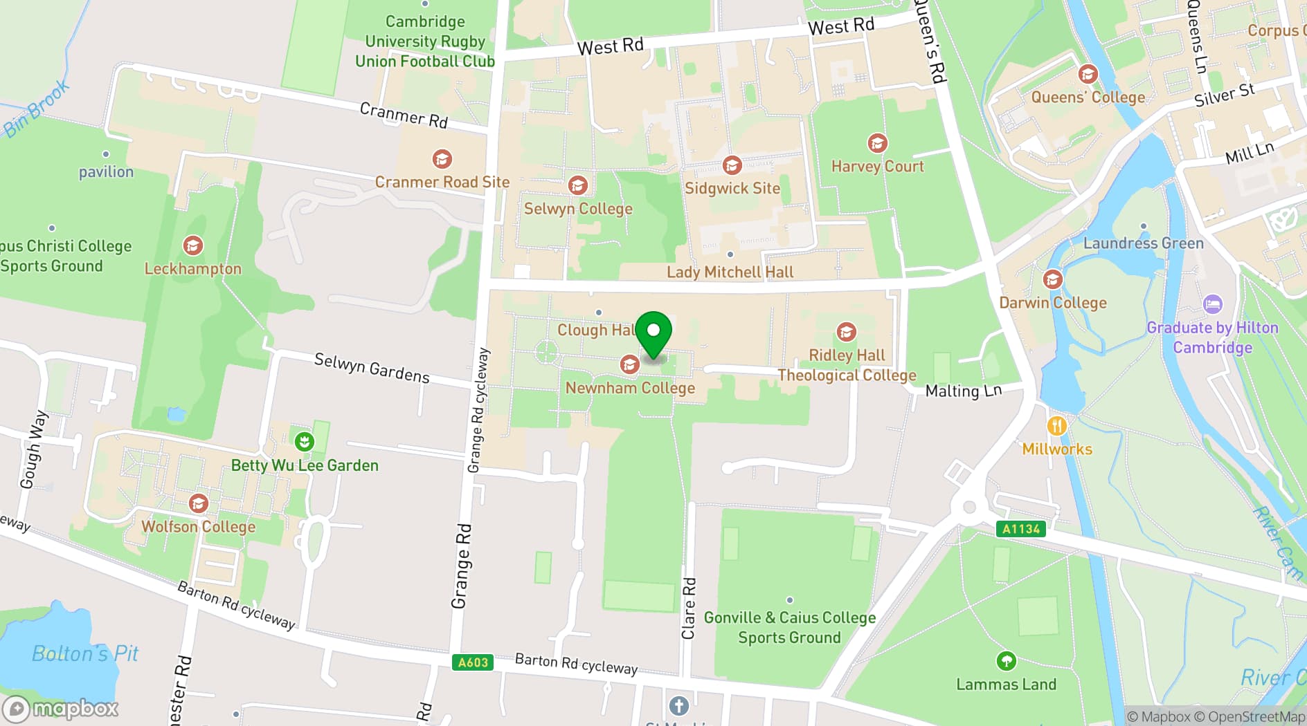 Map showing Newnham College, University of Cambridge