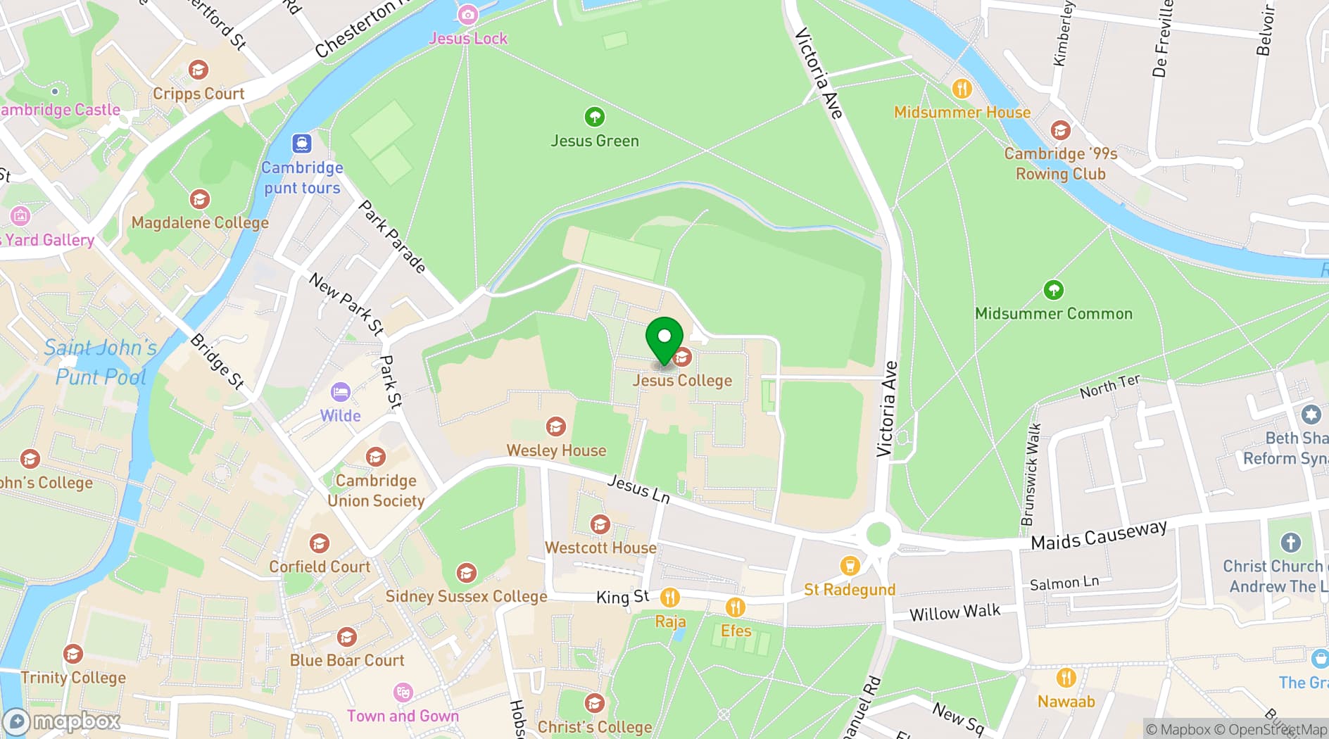 Map showing Jesus College, University of Cambridge