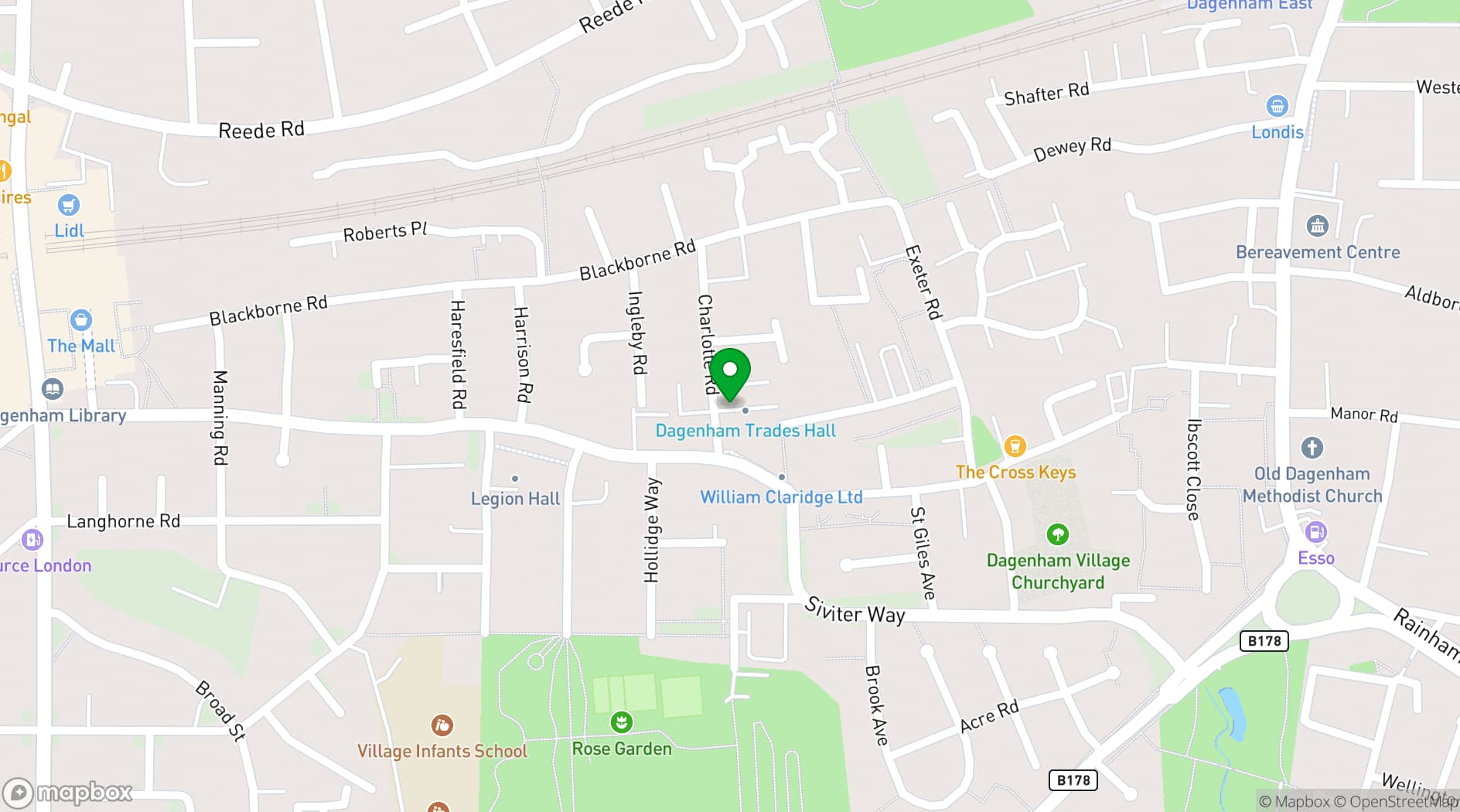 Map showing Dagenham Trades Hall