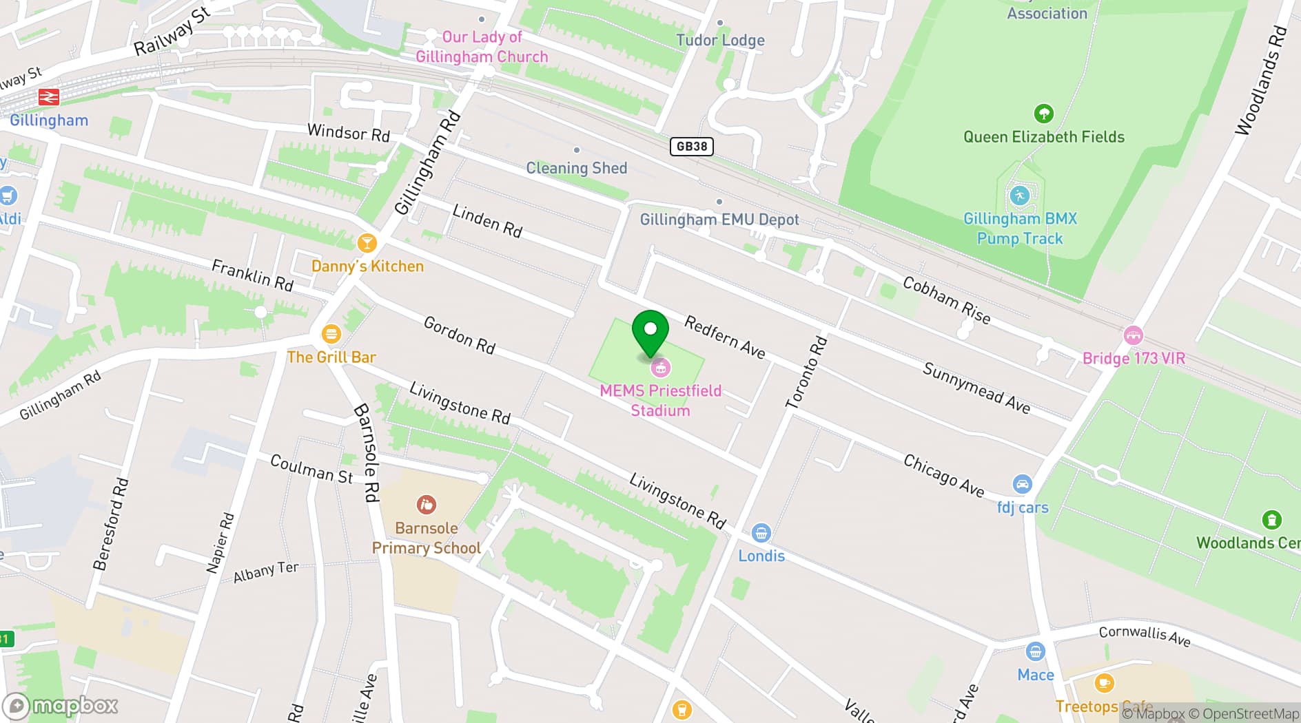 Map showing Priestfield Stadium