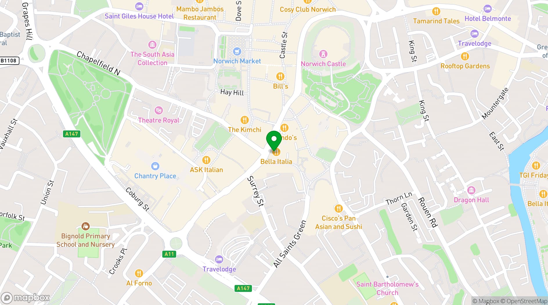 Map showing Bella Italia Norwich Red Lion Street
