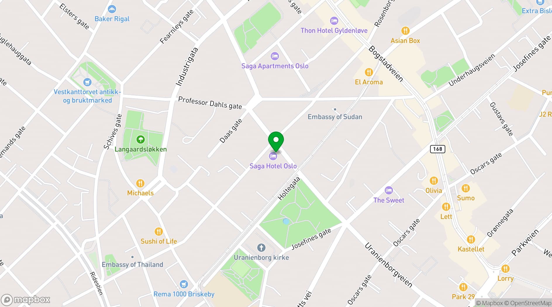 Map showing Saga Hotel Oslo